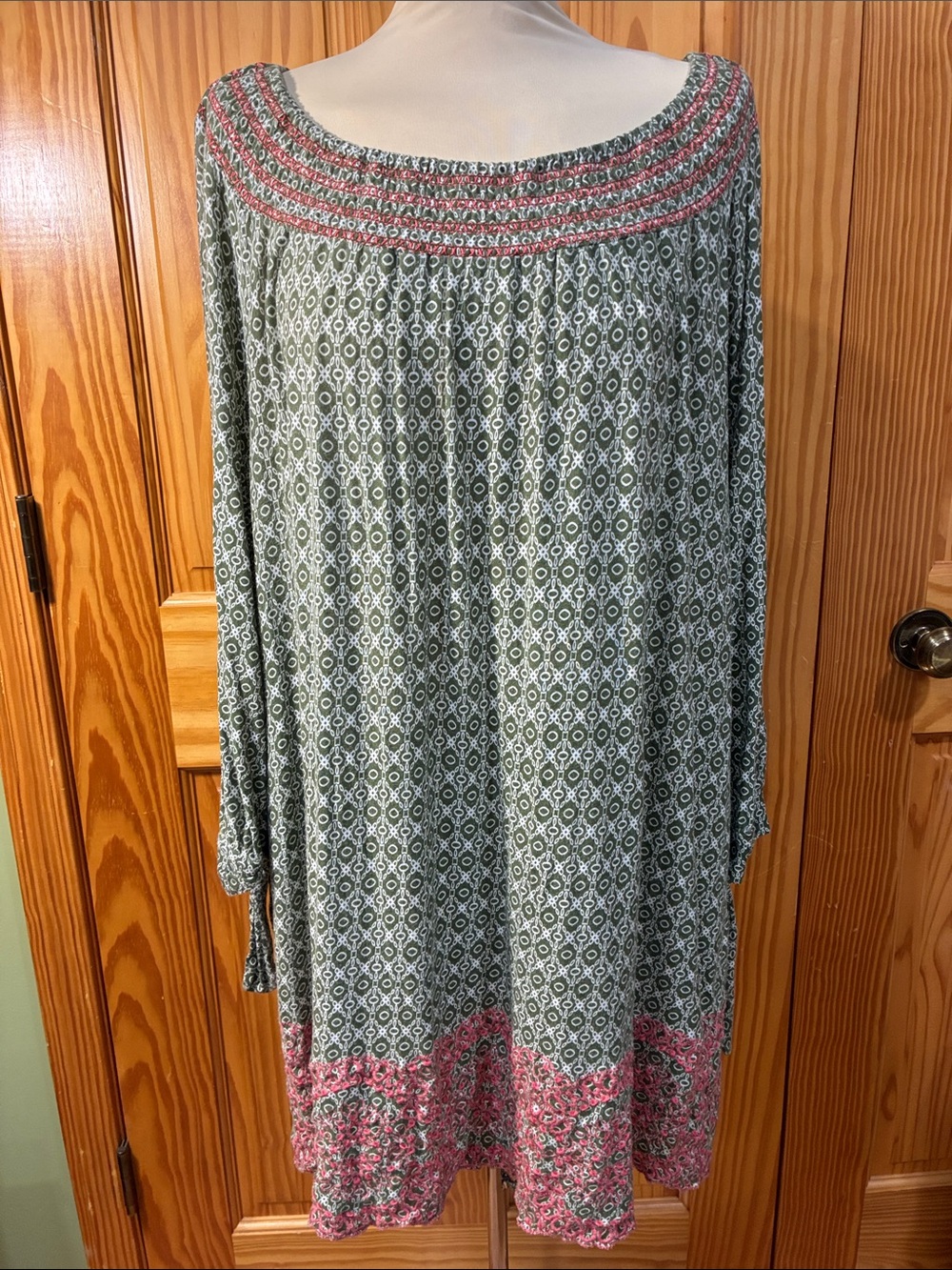 Fever Green and Pink Long-Sleeve Boho Off-Shoulder Dress